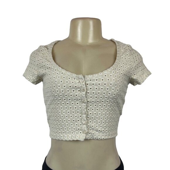 H&M Womens Short Sleeve Eyelet Knit Cropped Top Button Front Beige Sz S - New - Picture 1 of 6